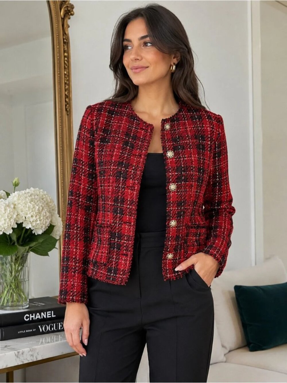 NWT Adrianna Papell Tweed Jacket Size M Red Black Gold Button Plaid Work Blazer